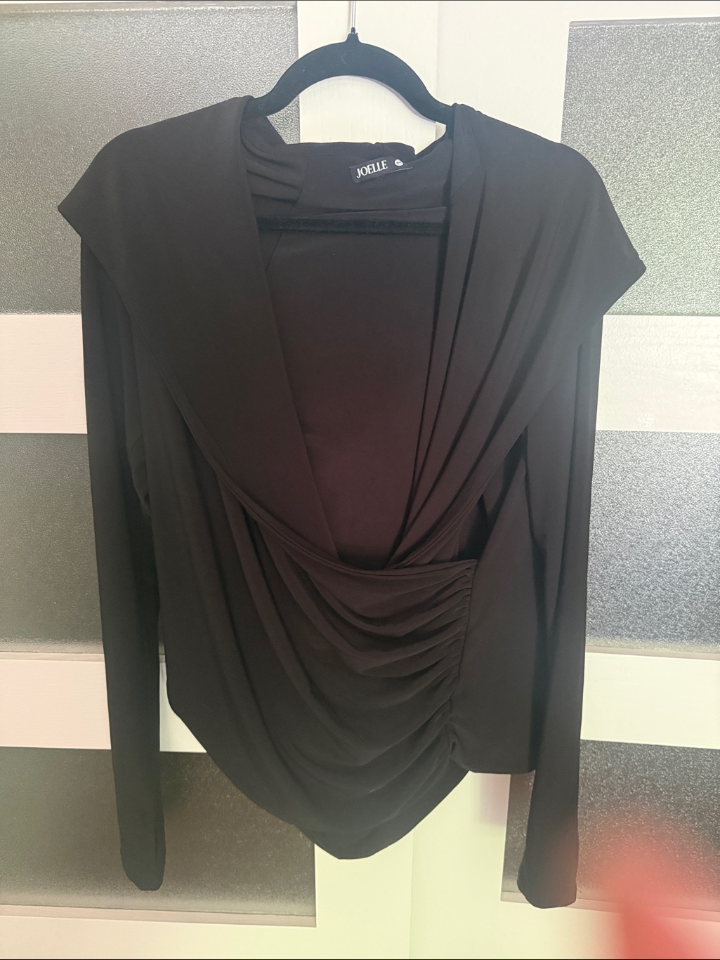 Joelle Collection “Austin” Black Draped Long-Sleeve Cowl Top With Hoodie
